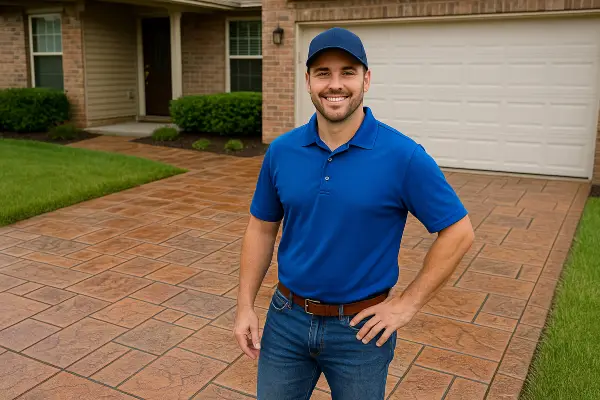 a concrete contractor smiling at the camera with stamped concrete behind him from TMK Concrete Contractor in Austin, TX - Austin TX a concrete contractor smiling at the camera with stamped concrete behind him from TMK Concrete Contractor in Austin, TX - Austin TX