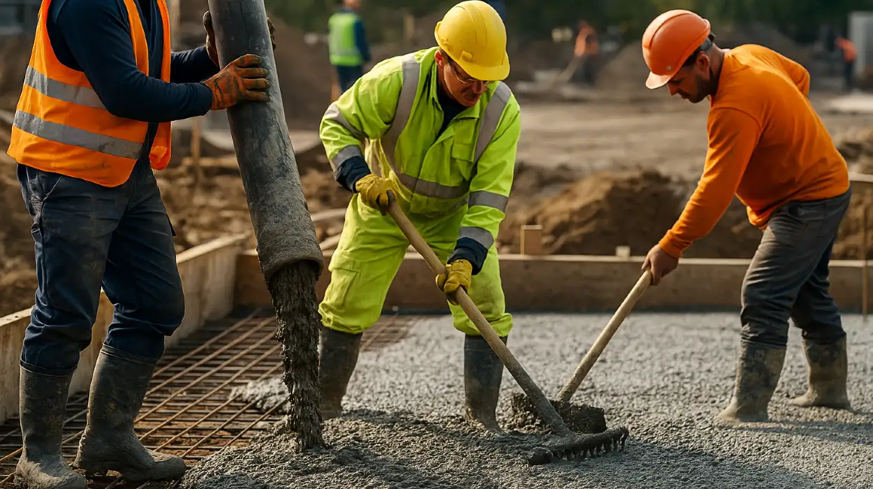 3 concrete contractors spreading concrete on the ground from TMK Concrete Contractor in Leander, TX - Concrete Contractor near me