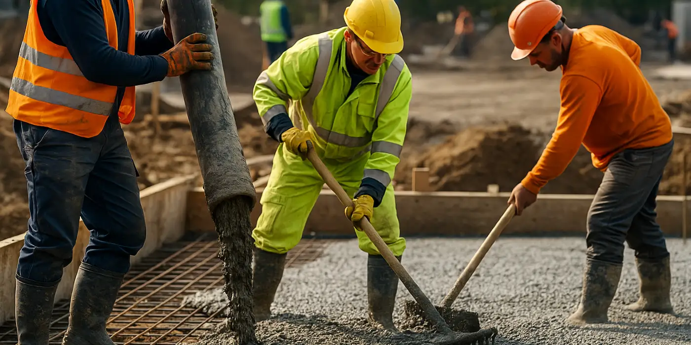 3 concrete contractors spreading concrete on the ground from TMK Concrete Contractor in Leander, TX - Concrete Contractor near me