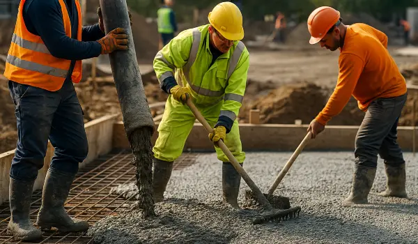 3 concrete contractors spreading concrete on the ground from TMK Concrete Contractor in Leander, TX - Concrete Contractor near me