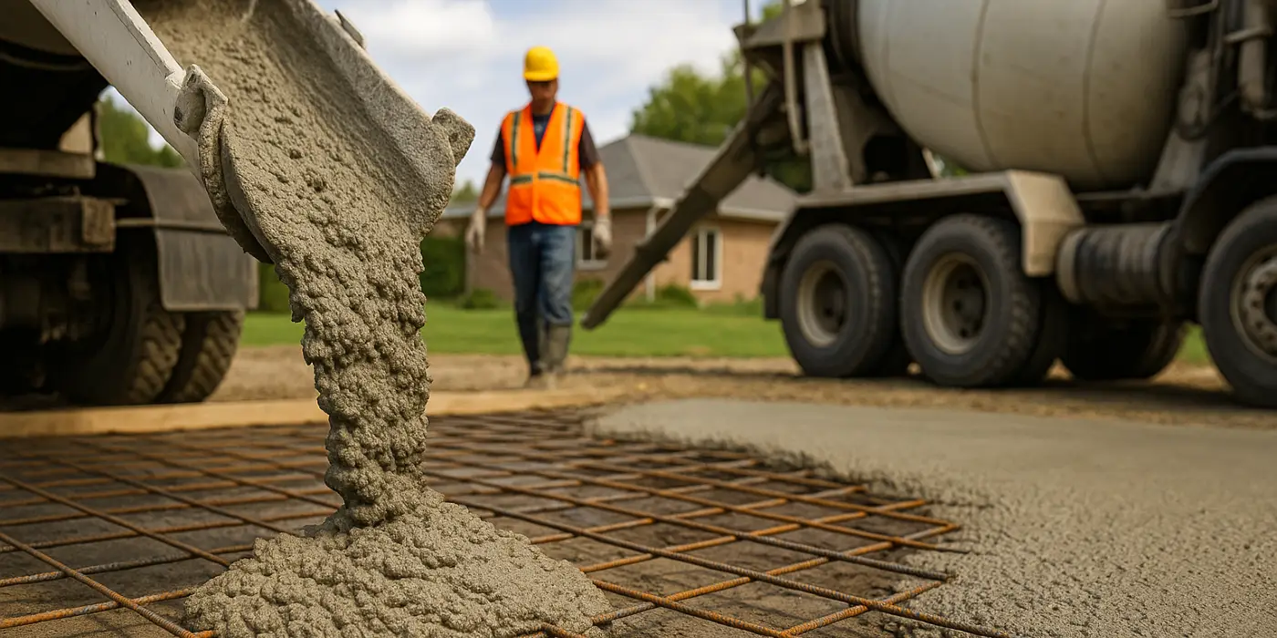 Cement truck pouring cement on a rebared ground from TMK Concrete Contractor in Leander, TX - Concrete cutting Cement truck pouring cement on a rebared ground from TMK Concrete Contractor in Leander, TX - Concrete cutting