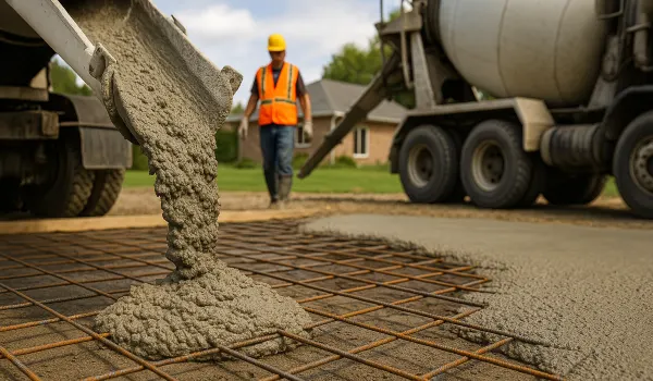 Cement truck pouring cement on a rebared ground from TMK Concrete Contractor in Leander, TX - Concrete cutting