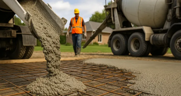 Cement truck pouring cement on a rebared ground from TMK Concrete Contractor in Leander, TX - Concrete cutting