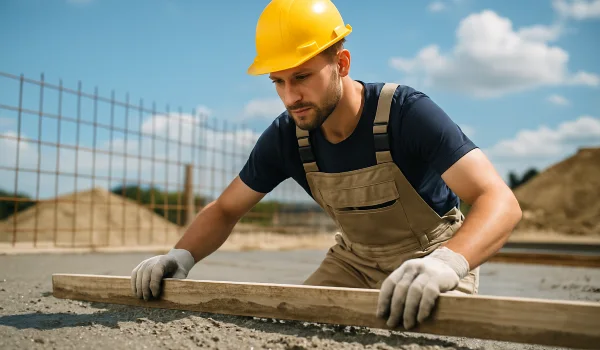 a male concrete worker spreading fresh cement on rebared ground from TMK Concrete Contractor in Leander, TX - Concrete driveway building