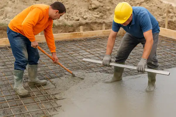 2 workers spreading fresh cement on a rebared ground from TMK Concrete Contractor in Leander, TX - Concrete parking lot building