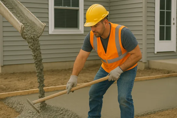 a man spreading the cement that a truck is pouring on the ground from TMK Concrete Contractor in Leander, TX - Concrete Patios