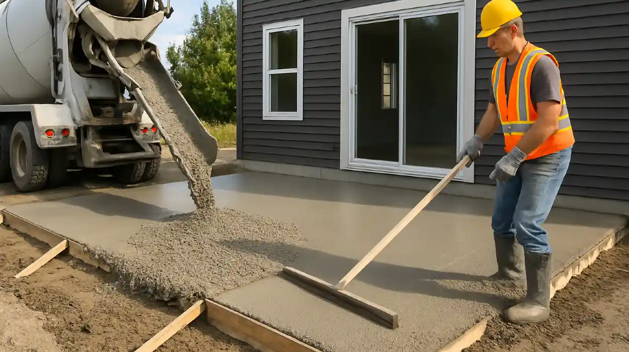 a man spreading the cement a truck is pouring to build a patio from TMK Concrete Contractor in Leander, TX - Driveway installation