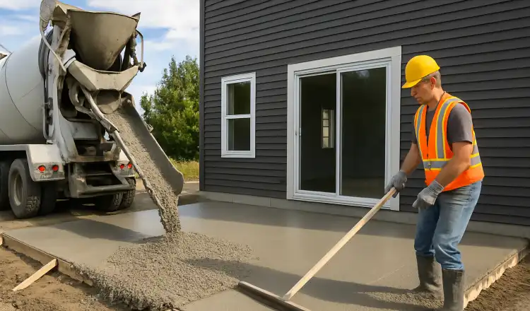 a man spreading the cement a truck is pouring to build a patio from TMK Concrete Contractor in Leander, TX - Driveway installation