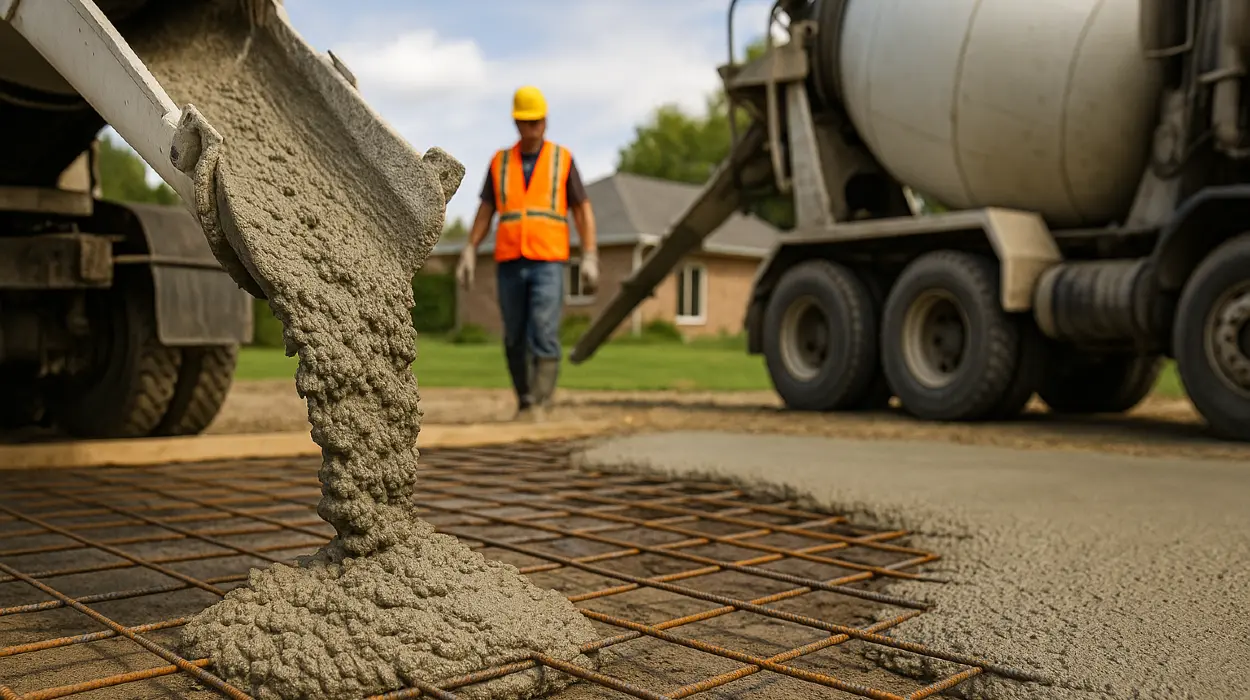 Cement truck pouring cement on a rebared ground from TMK Concrete Contractor in Round Rock, TX - Round Rock TX