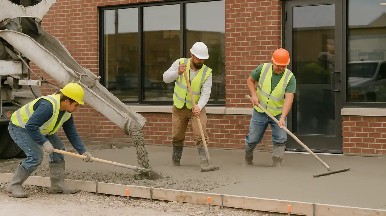 3 concrete contractors spreading concrete on the ground for a sidewalk from TMK Concrete Contractor in Leander, TX - Slab foundation building