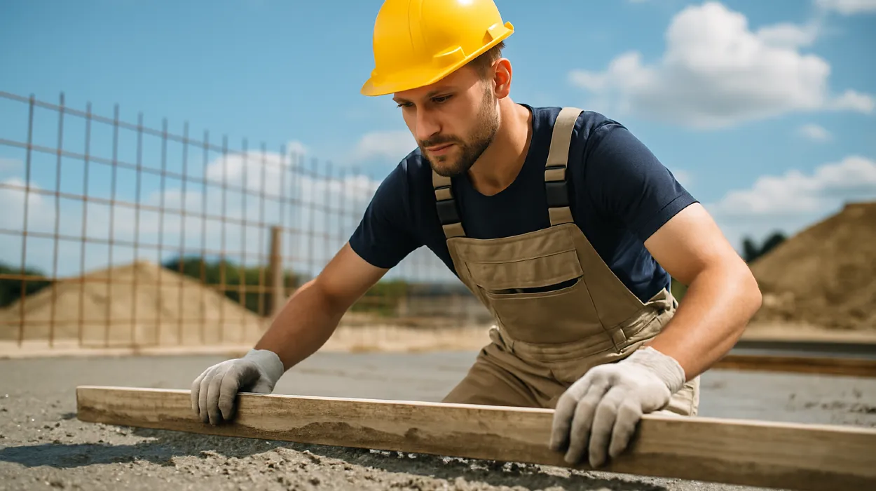 a male concrete worker spreading fresh cement on rebared ground from TMK Concrete Contractor in Leander, TX - Stamped concrete services